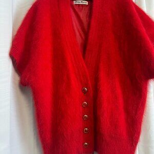 Vintage Red Angora Cardigan Sweater / Jewel Buttons